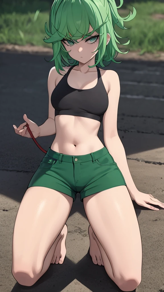 green hair,green eyes,crawl,kneel,(leash) in tight green dolphin shorts and a green sports bra