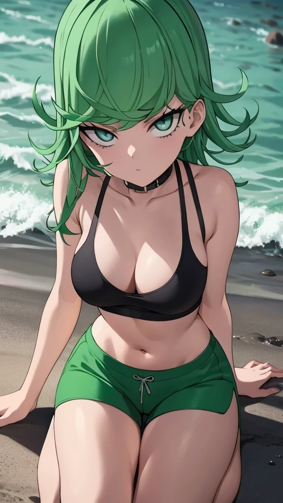 green hair,green eyes,crawl,kneel,(leash) in tight green dolphin shorts and a green sports bra