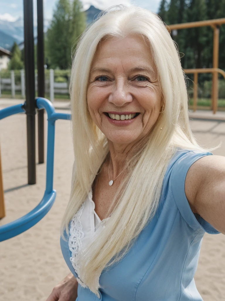 A realistic, photorealistic image of Felicidad, (an 80-year-old Finnish woman), (((white blonde and medium length hair))), smiling and seducing, ((taking a selfie outside a playground in Switzerland)), (((round face))), (medium straight hair), ((wearing blue blouse)), ((visible breastbones)), (((slim))), ((thin hairline))
