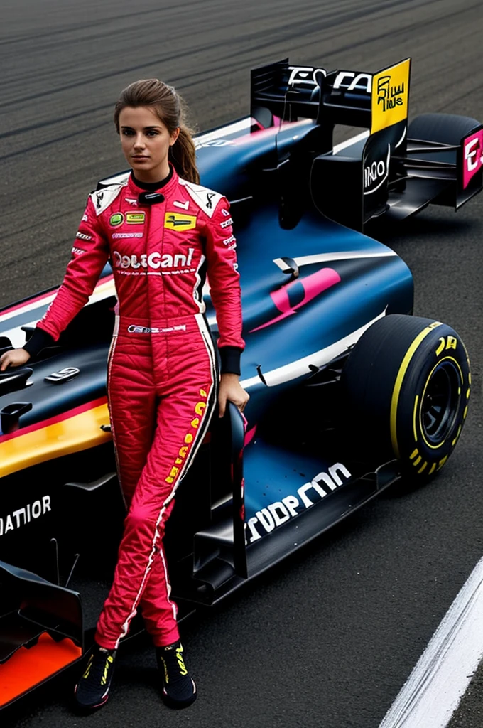 An idea for a costume and car design for an F1 team, that one of its riders is a girl with a good body and that the colors match and that they are not one of those that already exist in F1 and that the car and the other are also shown. male runner 