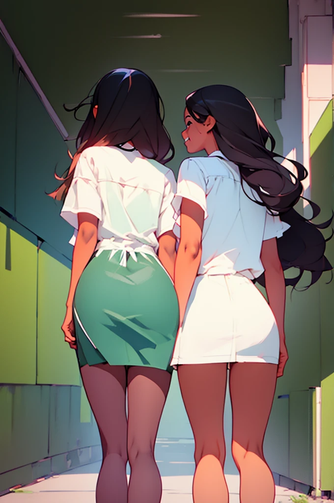 two girls from behind graduating college, college campus, college graduation, illustration