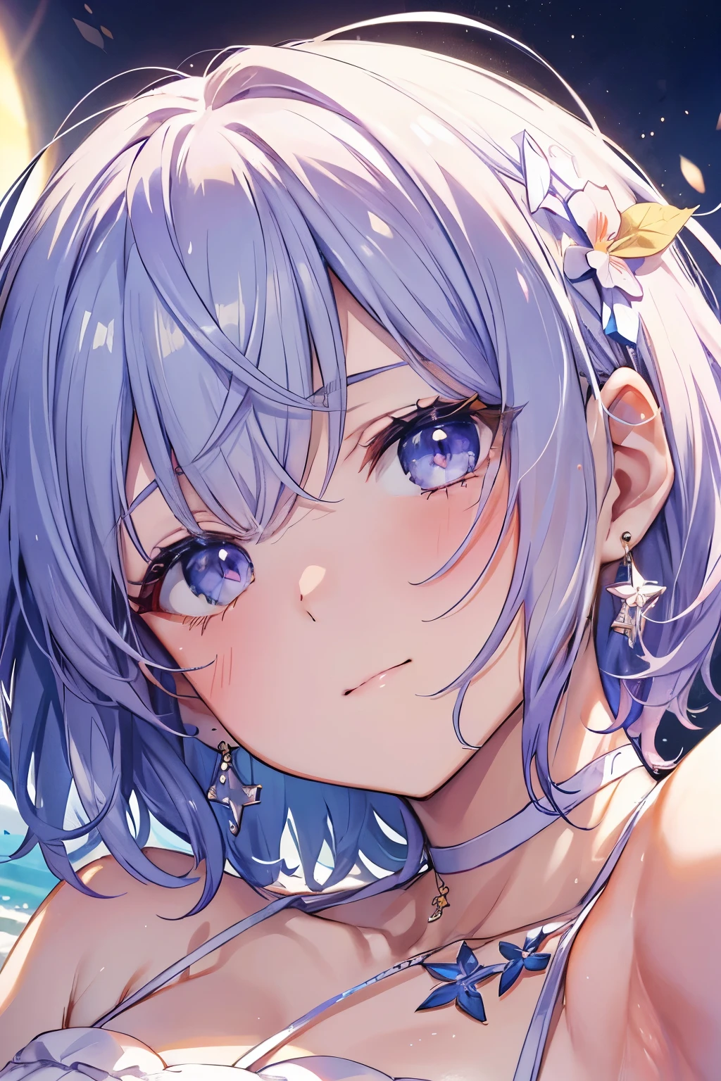 ★composition:(close up face:1.4), (正面figure:1.4), Lying down, (From below,:1.4), Dutch Angle, ★quality:(1 Girl), (Perfect hands:1.2), (Perfect Anatomy:1.2), (best quality:1.3), (masterpiece:1.3), (Super detailed:0.8), 17 years old, 完璧なface, かわいくて左右対称のface, 童face, Pink Lips, (:1.1), High resolution, High resolution, CG Unity 8k, Nice hands, throw, top quality, ★Performance:(笑face:1.3), (:1.4), Happy, Fascinating, faceを見て感じる, (Look at other people:1.3), looking up★被写体:(toru asakura: 1.3), ★face:detailed face, (beautiful face: 1.1), beautiful girl, cute, Charm, beautiful detailed face, ★eye:blue eyes, detailed eyes, Sparkling Eyes, Fascinatingeyeの反射, キラキラ輝くeye元, Pupil depth and three-dimensional effect, Subtle changes in the color of the iris, Meticulous eyelash detailing, Pupil depth and three-dimensional effect, ★illumination:Light of the sun, ★chest: Detailed skin, (chestの谷間:1.4), Shiny skin, ★hair: :(Pixie Cut:1.4), shiny hair, floating hair, (short hair: 1.3), (分けた前hair: 1.4), (blue hairs、gradation hair、multi color hair, Purple hair), Ahoge, 前hair, , ★style: animation, figure, (Wet:1.2), ★environment:Ocean, cloud, blue null, Day, Outdoor, null, Beach, ★Costumes :(White Bikini: 1.3), Floral, break , jewelry, Earrings, necklace, Earrings, accessories, ★One:Small Head, Seven Heads, ★action:(Are standing:1.3), (:1.3), (Tilt your head:1.3),