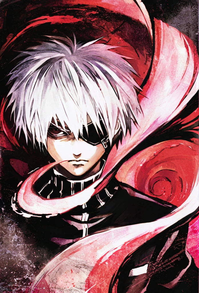 ```
Ken Kaneki, Tokyo Ghoul, white hair, black outfit, eyepatch, half-ghoul, serious expression, red kakugan eye, kagune tentacles, detailed face, high quality
```