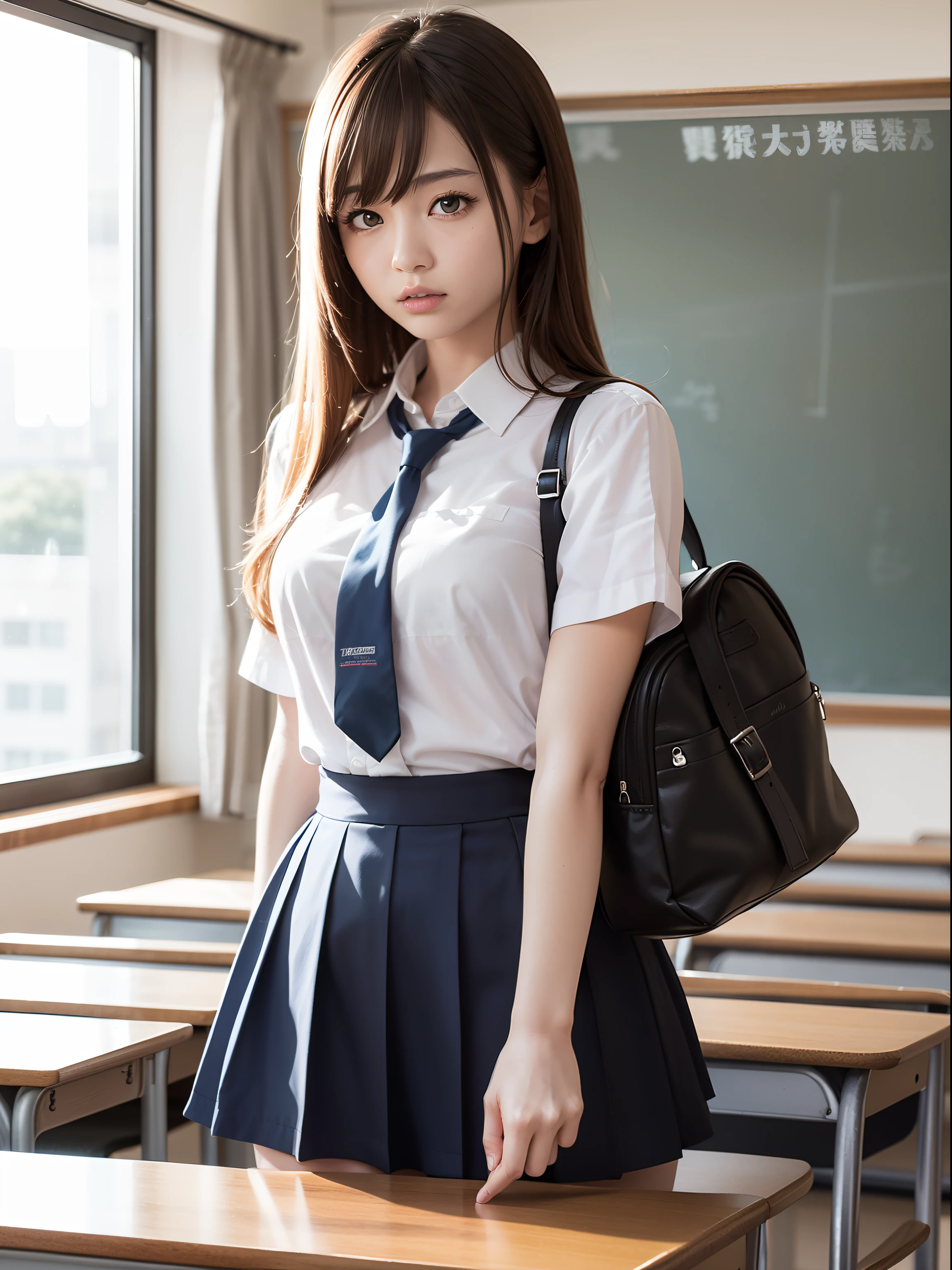 In 8K、Highest quality、masterpiece、Ultra-detailed、Ultra-high resolution、Anime Style、1 female student、classroom、anger