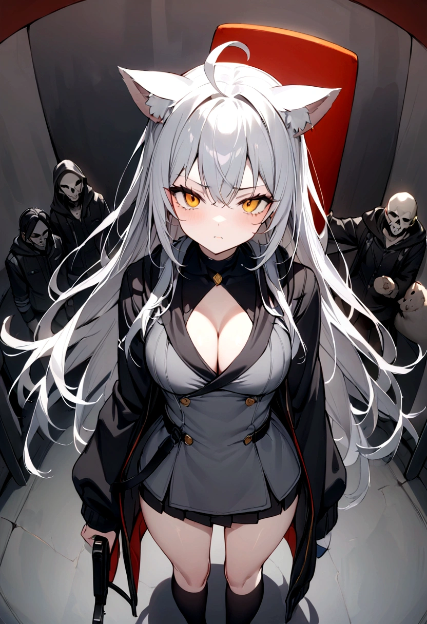 Surrounded by enemies、(masterpiece, best quality:1.2), 1girl, 独奏、Gray cat ears、Point your gun at us、Grey long hair、Ahoge、Yellow Eyes、Gray cat ears、The hoodie I took off was my carry-on baggage.、Ready your gun?、Background of military bases、Fisheye Lens、battlefield、Shadows of light and darkness、Expressionless、Grim face、battle、Black knee socks、Cleavage、 A black hoodie worn over the arm