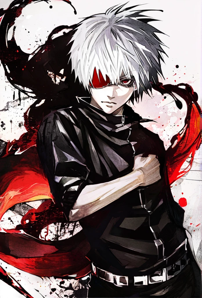 ```
Ken Kaneki, Tokyo Ghoul, white hair, black outfit, eyepatch, half-ghoul, serious expression, red kakugan eye, kagune tentacles, detailed face, high quality
```