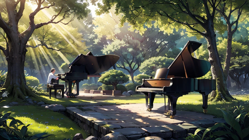 A grand piano placed in front of a large tree、The sunlight filtering through the trees sparkles、Soft Light、There is no one、Only one grand piano、Shinkai Seikaze illustration、A 1000-year-old tree