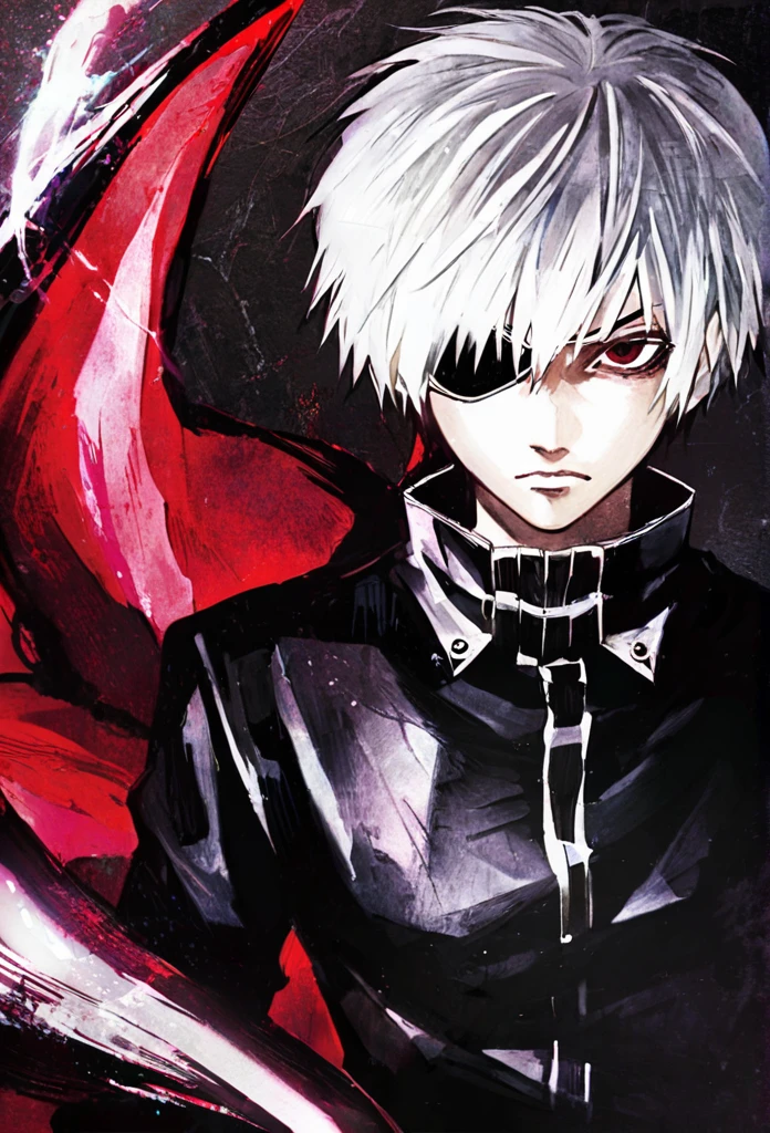 ```
Ken Kaneki, Tokyo Ghoul, white hair, black outfit, eyepatch, half-ghoul, serious expression, red kakugan eye, kagune tentacles, detailed face, high quality

```