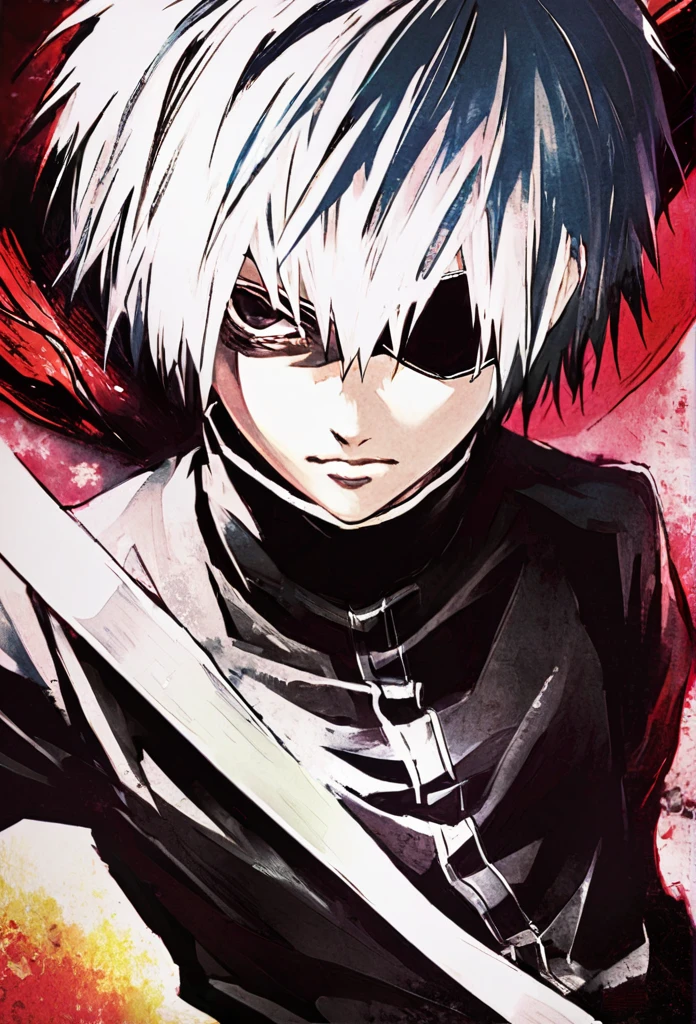 ```
Ken Kaneki, Tokyo Ghoul, white hair, black outfit, eyepatch, half-ghoul, serious expression, red kakugan eye, kagune tentacles, detailed face, high quality

```