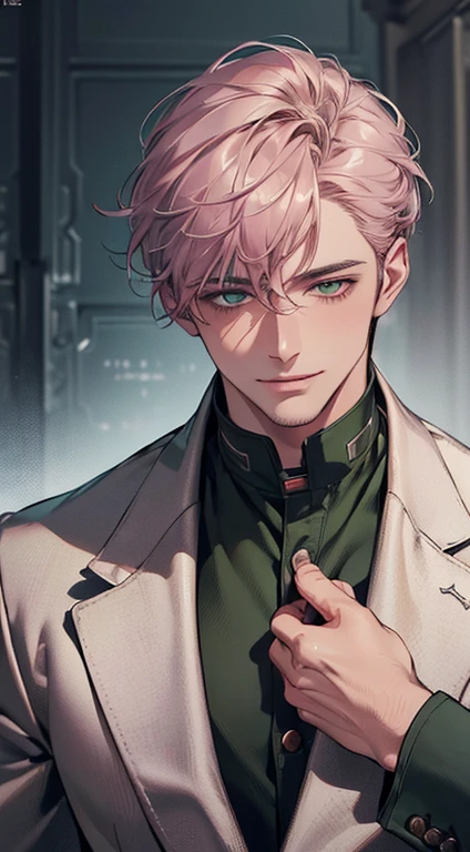 (best quality,4k,8k,highres,masterpiece:1.2),ultra-detailed,(realistic,photorealistic,photo-realistic:1.37),cinematic lighting,1:4 hdr image,a mature man, 29 years old,very handsome,cold expression smile in love, short grey pink hair, green eyes,flawless face,buttoning his jacket,CEO