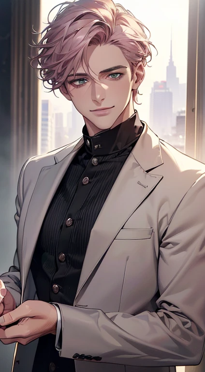 (best quality,4k,8k,highres,masterpiece:1.2),ultra-detailed,(realistic,photorealistic,photo-realistic:1.37),cinematic lighting,1:4 hdr image,a mature man, 29 years old,very handsome,cold expression smile in love, short grey pink hair, green eyes,flawless face,buttoning his jacket,CEO