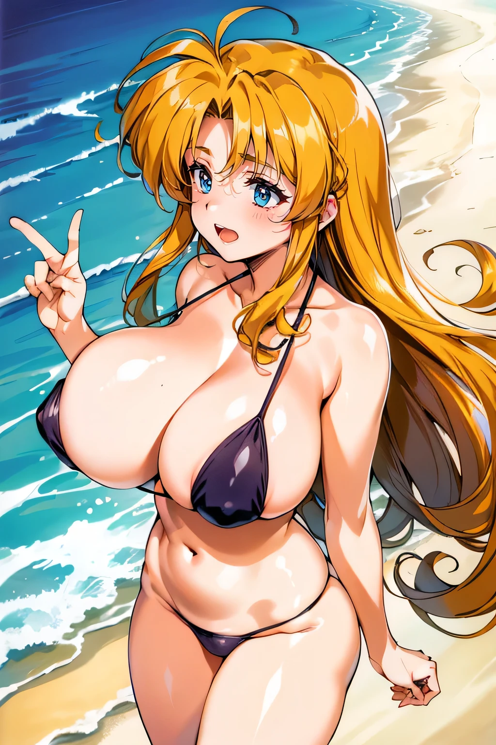 Highest quality, Super detailed, High resolution, 1990s_(style), retro artstyle, 1990s anime cels style, Vibrant colors, (Flat Color:1.2), Beach, crowd, One woman is 46 years old., Mature Woman, Mature Woman, (Huge breasts:1.2), sl1ngsh07, White Slingshot Bikini, Blonde, Wavy Hair, blue eyes, Big eyes, smile,Open your mouth, From the side, avert your eyes, running, Wind