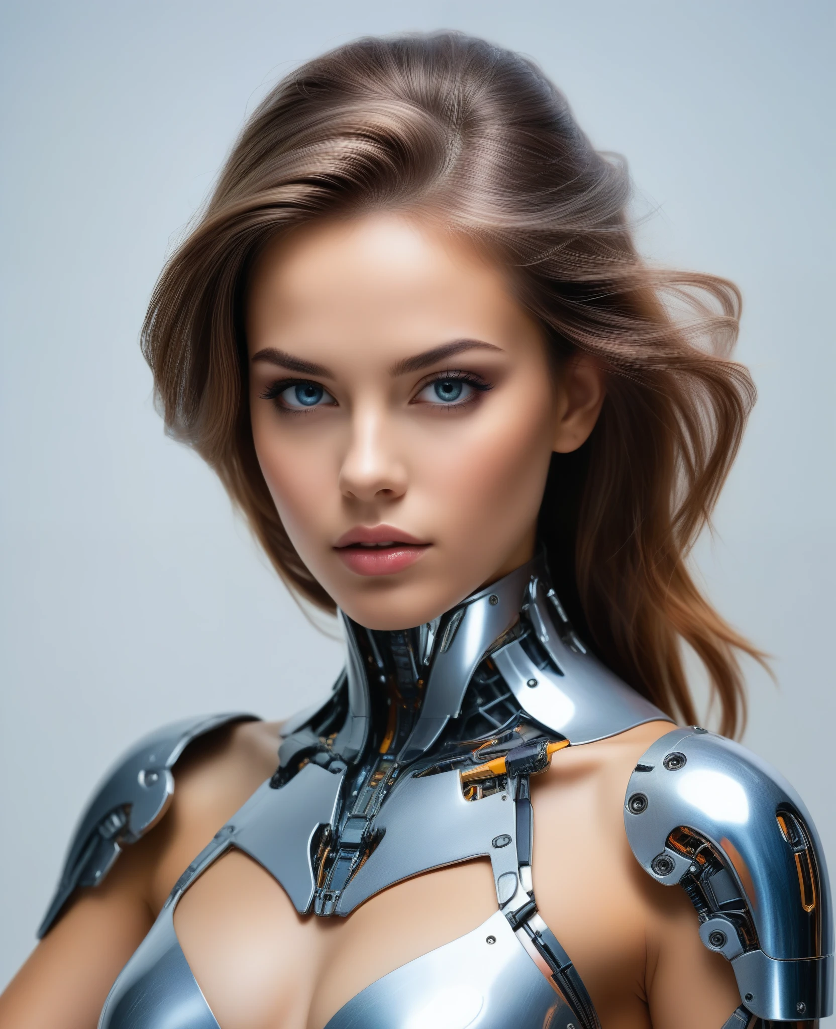 A cyborg girl stands in the center of a large bright studio and is engaged in creating her self-portrait on canvas. She is depicted in all her majestic beauty and elegance. Her metallic skin reflects the light, creating a play of hues and highlights like an expensive piece of jewelry.
Her long metal hair frames her face, giving her a mysterious and alluring look. Her bright eyes, in which light shimmers, stare straight ahead with confidence and the strain of creative inspiration.
The cyborg girl is depicted in a graceful pose, showing off her grace and strength as well as the fine workings of her mechanical limbs. Her hands hold brushes and are immersed in the creative process of creating a stunning work of art.
The outline of the self-portrait she is creating with oil paints is already outlined on the canvas. The drawing begins to come to life under her dexterous fingers, gaining depth and volume, and the coating of color fills the canvas with bright hues and rich colors.
This entire moment is captured in a gorgeous and amazing scenario that combines the beauty of art, power and technological advancement to make the cyborg girl a unique and inspiring image. beautiful shiny smooth, high quality, best quality, absurdres, masterpiece, beautiful, intricate details, full-length, slim body, beautiful figure, magnificent anatomy, (intricate details:1.12), HDR, (intricate details, hyper-detailing:1.15), (natural skin textures, hyper realisitc, soft light, Sharp:1.2)