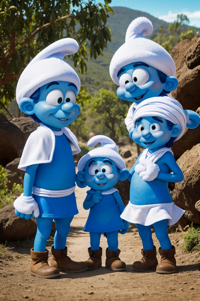 Cartoon of smurfs with a Sanjuanero costume from the Huila department