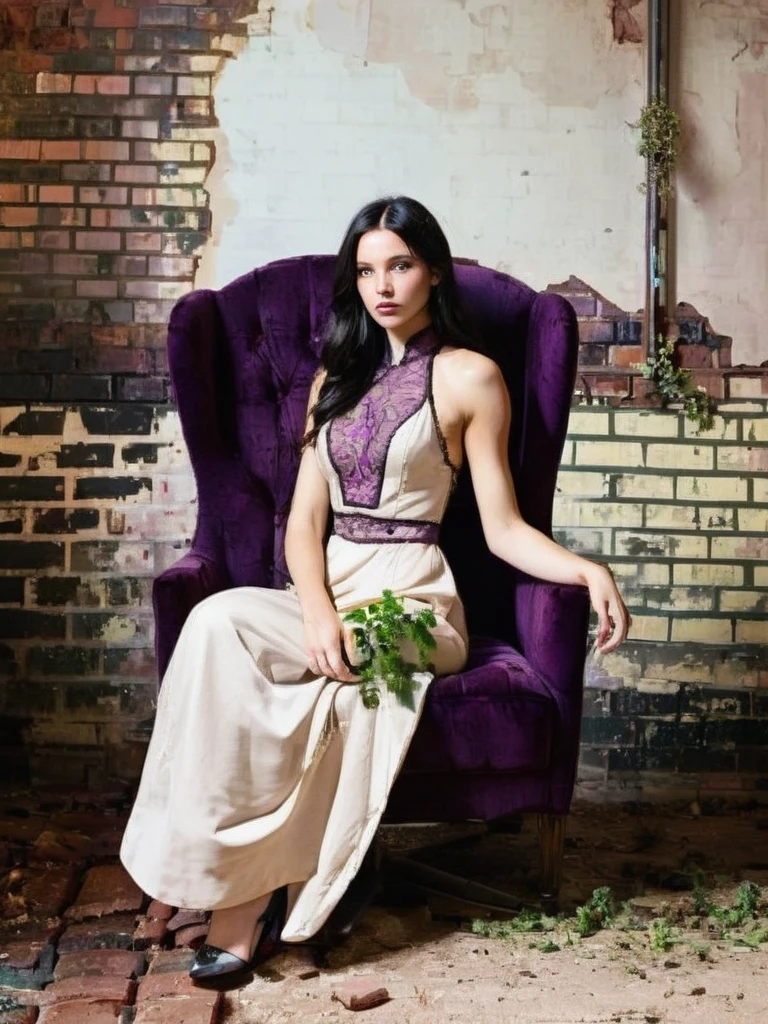 a beautiful supermodel with black hair in intricate detail victorian dress sitting on plum chair sitting in front of a brown brick wall with a plant growing out of it's back, Claire Hummel, overgrown, a still life, neoplasticism
