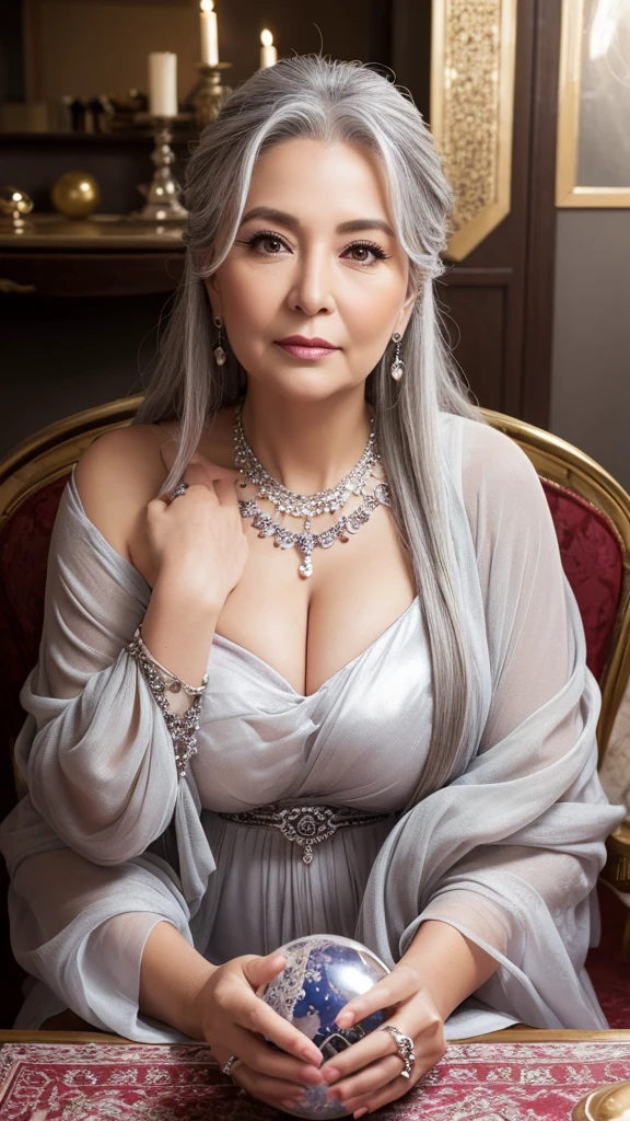 Older, fatter women.
Sitting on a chair, hands on the table
Both hands on a large crystal ball about 50 cm straight
Gorgeous clothes
Silver-grey glossy hair in a gorgeous up-do with a lot of hair in the back
Gorgeous necklace
Gorgeous rings
Heavy make-up.
Fortune teller
Upper body only
Facing front
Looking at the camera
Older, fatter woman