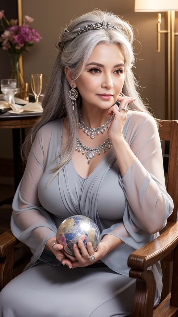 Older, fatter women.
Sitting on a chair, hands on the table
Both hands on a large crystal ball about 50 cm straight
Gorgeous clothes
Silver-grey glossy hair in a gorgeous up-do with a lot of hair in the back
Gorgeous necklace
Gorgeous rings
Heavy make-up.
Fortune teller
Upper body only
Facing front
Looking at the camera
Older, fatter woman