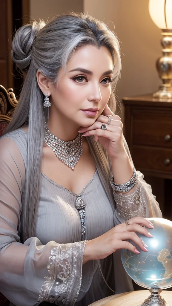 Older, fatter women.
Sitting on a chair, hands on the table
Both hands on a large crystal ball about 50 cm straight
Gorgeous clothes
Silver-grey glossy hair in a gorgeous up-do with a lot of hair in the back
Gorgeous necklace
Gorgeous rings
Heavy make-up.
Fortune teller
Upper body only
Facing front
Looking at the camera
Older, fatter woman