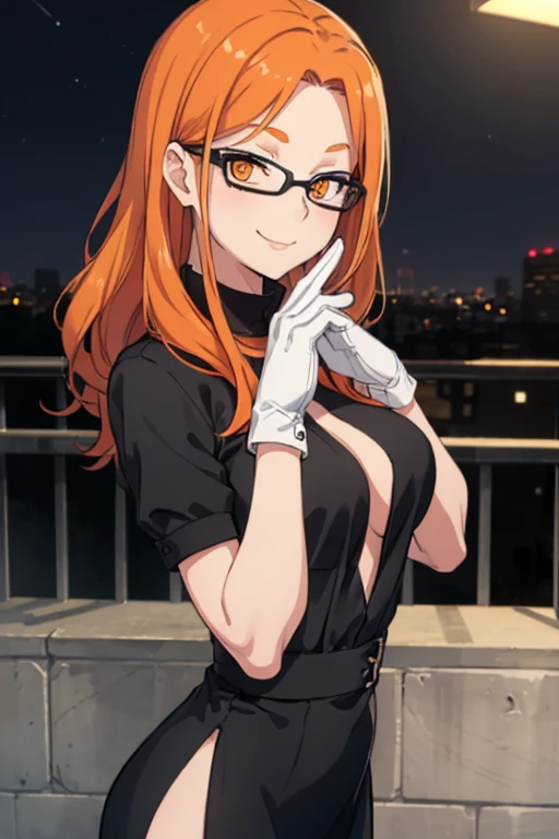 best quality, masterpiece, 1girl, solo, a cute picture of hinakodesu2, (orange hair:1.2), (long hair:1.2), orange eyes, glasses, gloves, skirt, (black long dress:1.2), (short sleeves:1.2), (white collar:1.2), side slit, black hair ornament, cowboy shot, park, city, night, standing, smile, close up, looking at viewer, medium breasts, (hand on own chin:1.2)