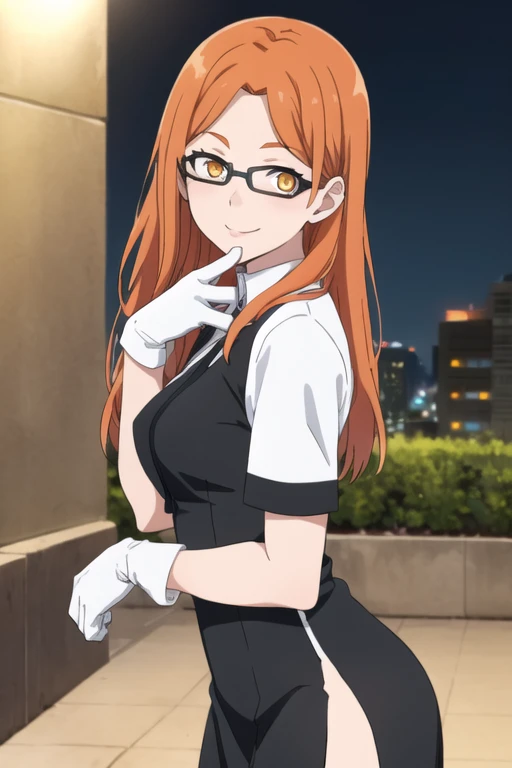 best quality, masterpiece, 1girl, solo, a cute picture of hinakodesu2, (orange hair:1.2), (long hair:1.2), orange eyes, glasses, gloves, skirt, (black long dress:1.2), (short sleeves:1.2), (white collar:1.2), side slit, black hair ornament, cowboy shot, park, city, night, standing, smile, close up, looking at viewer, medium breasts, (hand on own chin:1.2)