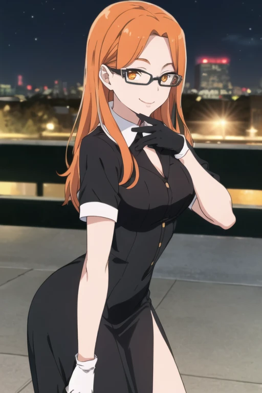 best quality, masterpiece, 1girl, solo, a cute picture of hinakodesu2, (orange hair:1.2), (long hair:1.2), orange eyes, glasses, gloves, skirt, (black long dress:1.2), (short sleeves:1.2), (white collar:1.2), side slit, black hair ornament, cowboy shot, park, city, night, standing, smile, close up, looking at viewer, medium breasts, (hand on own chin:1.2)