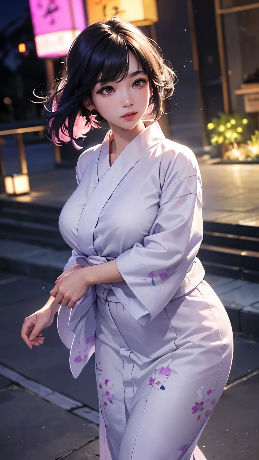 (logo、masterpiece、8K、Tabletop、RAW Photos、wonderful、最high quality、フォトリアリスティックでVery detailedな CG 複合 8K 壁紙、high quality、Very detailed、Narrative poem、Particle Effects、Dynamic Effects、Depth of the Boundary、Cinematic Light、Lens flare、Ray Tracing)、 (One beautiful woman wearing a yukata、White yukata、Light purple pattern)、Black-haired、High definition skin、Very fine、Fine skin texture、Beautiful Face、True Face、Beautiful details in the eyes、Realistic eyes、Beautifully detailed eyes、Realistic Skin、Beautiful Skin、Surreal、Smiling Eyes、Hair and light eyes、vivid、Colorful lights and bokeh、plump lower lip、Pink Lips、Hair flutters in Wind、Hair bounces、wonderful景色、night、evening、Wind、moonlight、moonlight、light