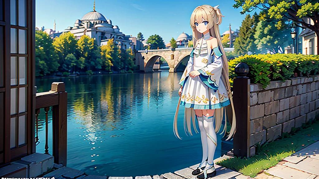 ((masterpiece)),(best quality),Official Art,Extremely detailed CG,Unity 8K wallpaper,Very detailed,Beautiful and delicate eyes,Extremely detailed face,1 girl,solitary,,(whole body:1.5),(small:1.3),，spring，Istanbul，Standing in the castle open air and looking into the distance，Cloudless，sunny