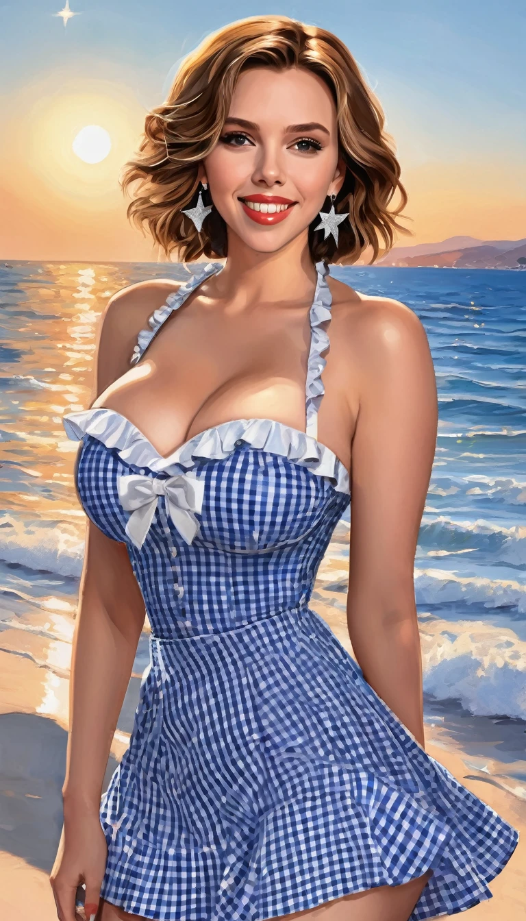 Scarlett Johansson is a young woman, enormous breasts, with short, dark brown hair styled in a bob cut, wearing a blue tube top white very short miniskirt with ruffles. She has a cheerful expression with bright, smiling eyes and a wide, happy smile. Her outfit is a blue and white gingham off-the-shoulder short dress with ruffles along the neckline and shoulders, and a silver star-shaped necklace and matching star earrings. The background features a serene ocean scene with gentle waves and a clear blue sky. The lighting is bright and natural, giving the image a vibrant, summery feel. (Distant full body view:1.6), ultra realistic photo, vibrant colors, 16k