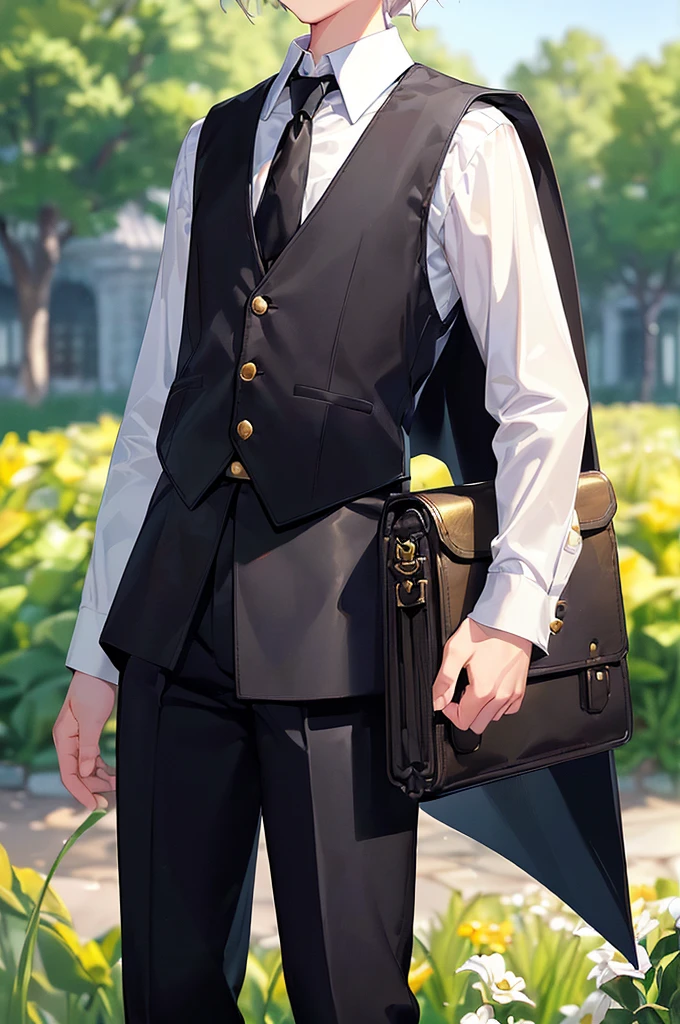 (masterpiece; best quality: 1.2), (finely detailed eyes: 1.3), ((10 year old male kid)), ((solo)), (yellow eyes: 1.4), (body; short, slender: 1.3), (short white hair: 1.3), (beautiful and clear background: 1.2), ((depth of field)), (clothes: black vest + white shirt + black pants + black cape + black-and-gold necktie + traveler satchel and pouches: 1.3), (anime illustration: 1.2), (background; garden exterior: 1.1), (extremely fine and handsome: 1.1), (shot composition; standing + centered on torso + close-up: 1.5), (expression; calm, stoic: 1.2)