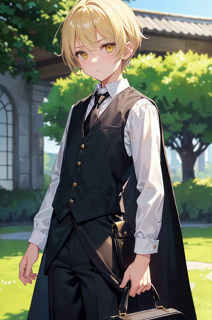 (masterpiece; best quality: 1.2), (finely detailed eyes: 1.3), ((10 year old male ???)), ((solo)), (yellow eyes: 1.4), (body; short, slender: 1.3), (short white hair: 1.3), (beautiful and clear background: 1.2), ((depth of field)), (clothes: black vest + white shirt + black pants + black cape + black-and-gold necktie + traveler satchel and pouches: 1.3), (anime illustration: 1.2), (background; garden exterior: 1.1), (extremely fine and handsome: 1.1), (shot composition; standing + centered on torso + close-up: 1.5), (expression; calm, stoic: 1.2)