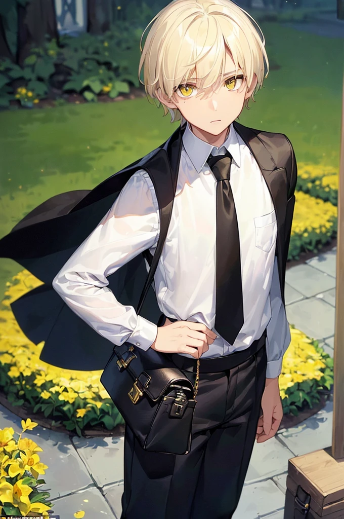 (masterpiece; best quality: 1.2), (finely detailed eyes: 1.3), ((10 year old male kid)), ((solo)), (yellow eyes: 1.4), (body; short, slender: 1.3), (short white hair: 1.3), (beautiful and clear background: 1.2), ((depth of field)), (clothes: black vest + white shirt + black pants + black cape + black-and-gold necktie + traveler satchel and pouches: 1.3), (anime illustration: 1.2), (background; garden exterior: 1.1), (extremely fine and handsome: 1.1), (shot composition; standing + centered on torso + close-up: 1.5), (expression; calm, stoic: 1.2)