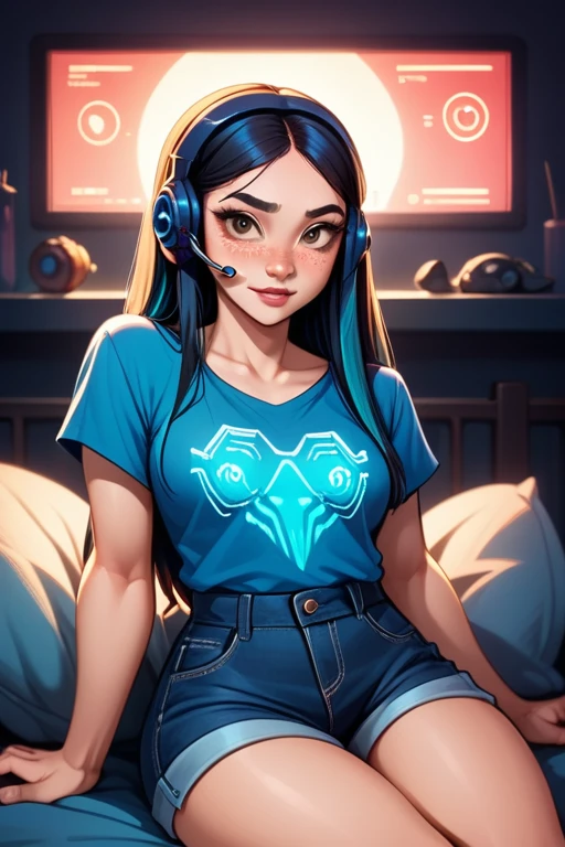 tall asian-caucasian woman; 31 years old; long black hair with blue highlights; almond-shaped brown eyes; pale Caucasian skin with freckled cheeks; slender build; perky breasts; form-fitting casual clothes with holographic accents; VR headset; laying on bed; anxious expression; in a futuristic apartment; futuristic; dystopian; cyberpunk; Disney-style, CGI; best quality; high definition; trending on artstation; complex volumetric lighting;