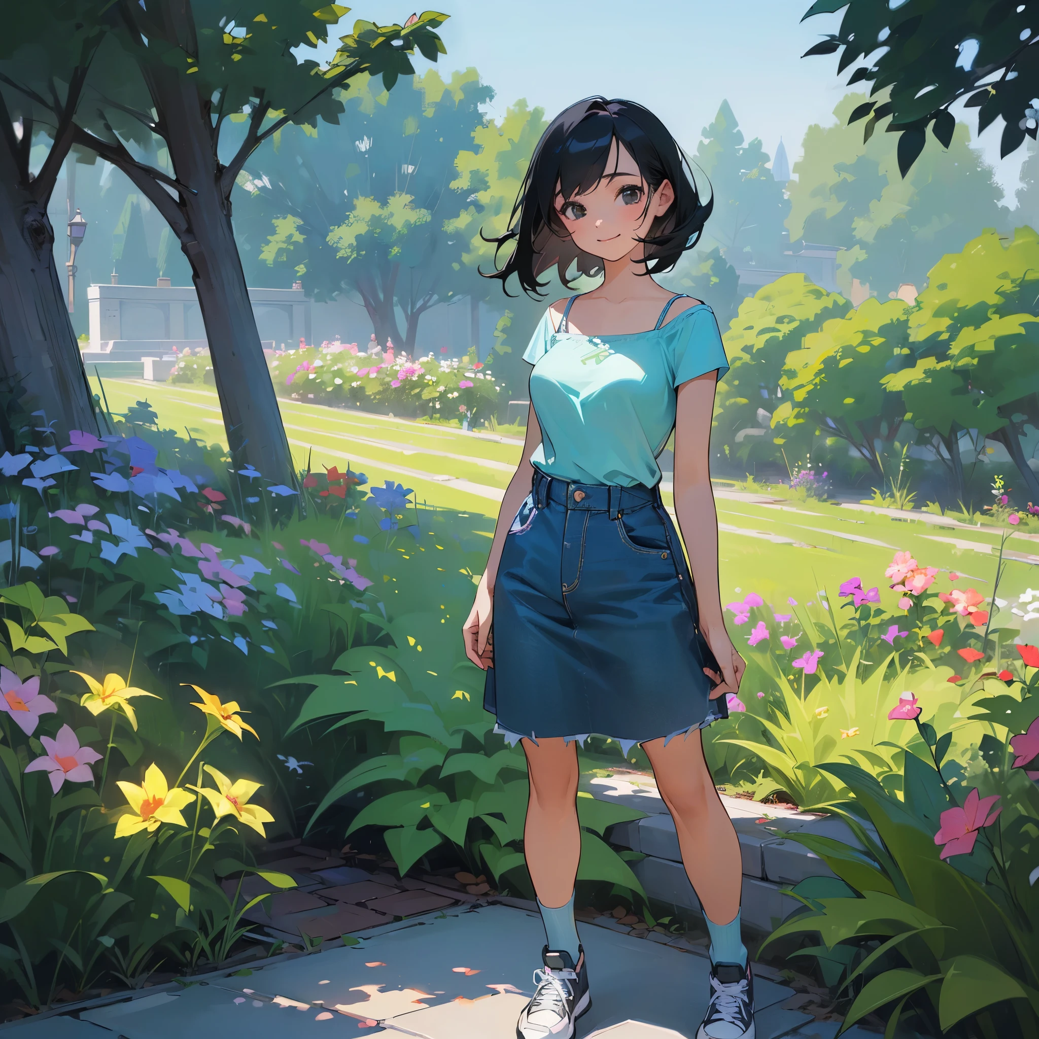 (high quality, High resolution, Very detailed, reality:1.37), Peaceful atmosphere, (Outdoor, garden), Teenage girl standing alone, (my breasts are big.), Beautiful details, Cute Smile, (Black bob hair), camisole, Denim skirt, Blue socks, sneakers.