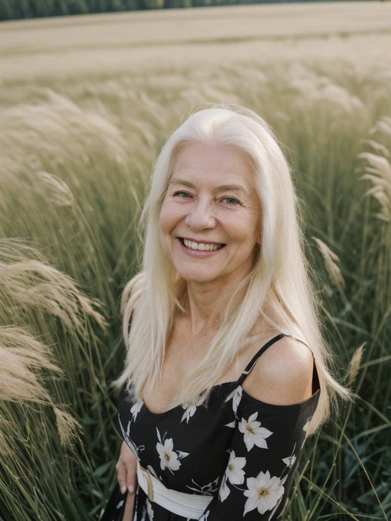 A realistic, photorealistic image of Felicidad, (an 80-year-old Finnish woman), (((white blonde and medium length hair))), smiling and seducing, ((taking a portrait outside a grass field in Switzerland)), (((round face))), (medium straight hair), ((wearing printed black dress)), ((visible breastbones)), (((slim))), ((thin hairline))