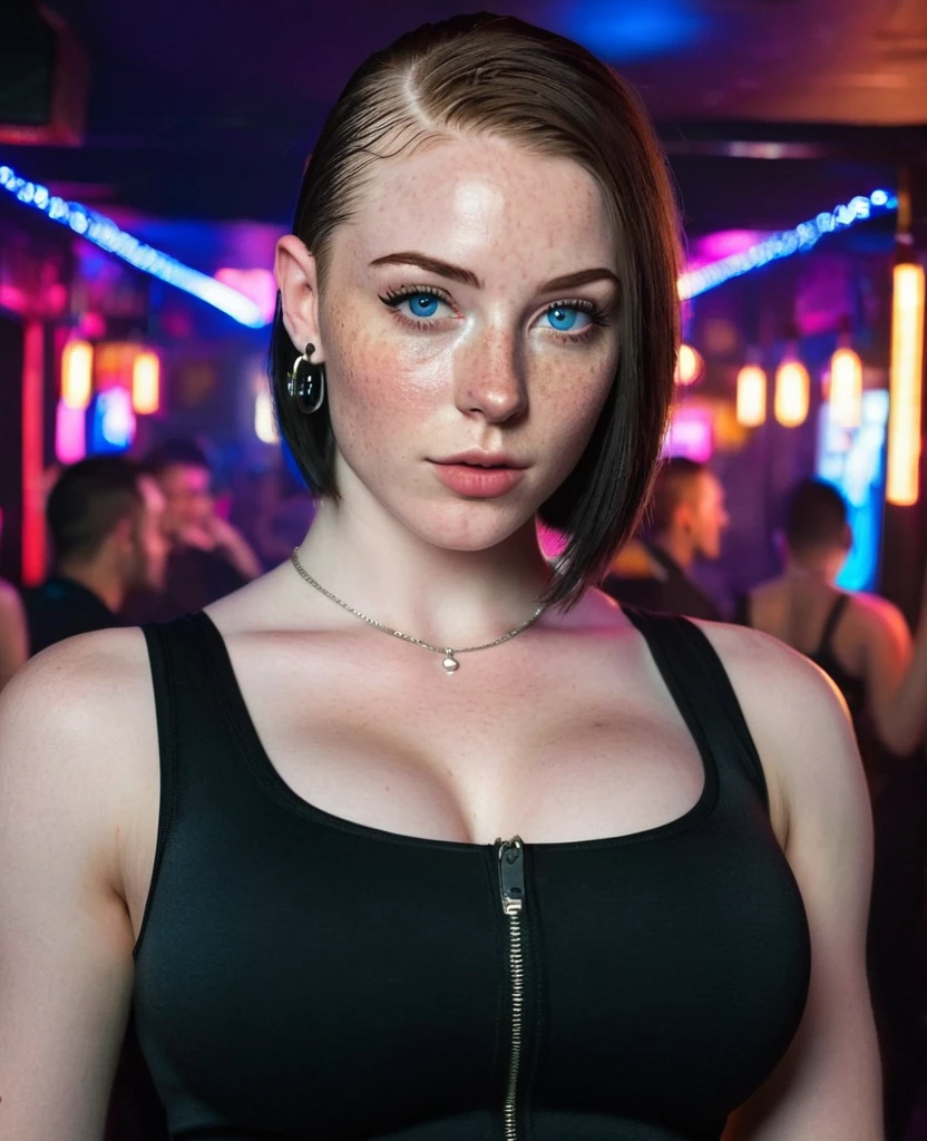 Muscular college girl with large breast and a large butt, blue eyes, pale skin, freckles and a nose piercing with a buzz cut wearing a tight black dress at a night club