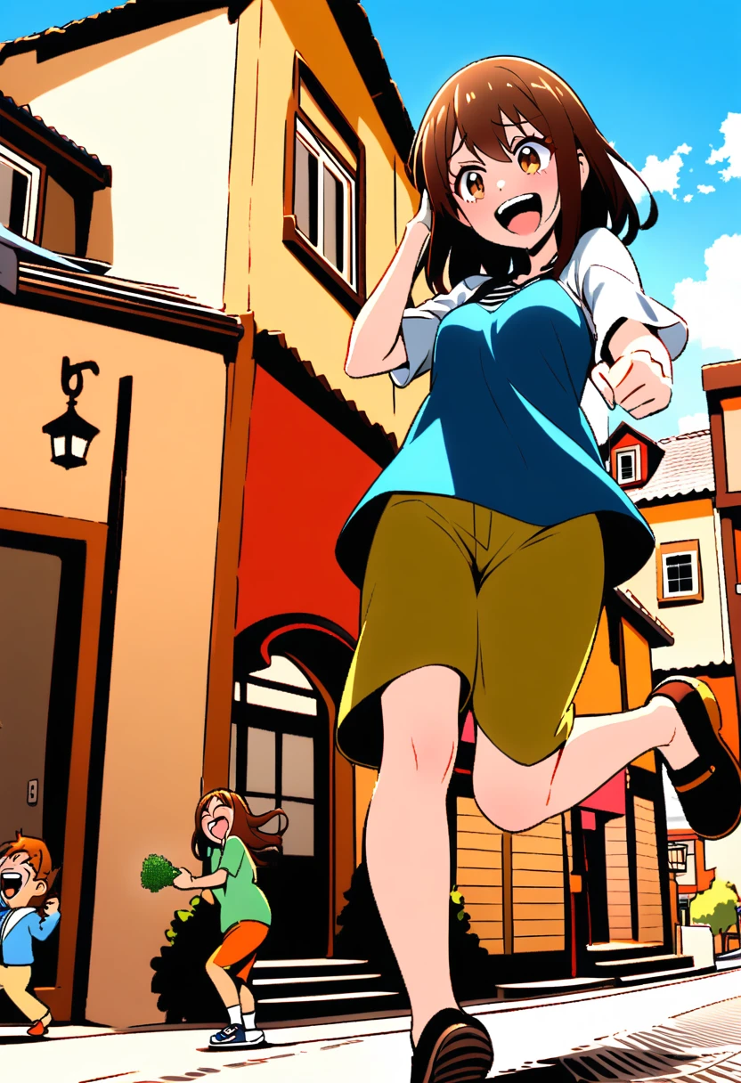 young giantess, one foot up, laughing, long brown hair and brown eyes, casual clothes, standing in a town, there are small houses around her, shes crushing the small houses, she having fun