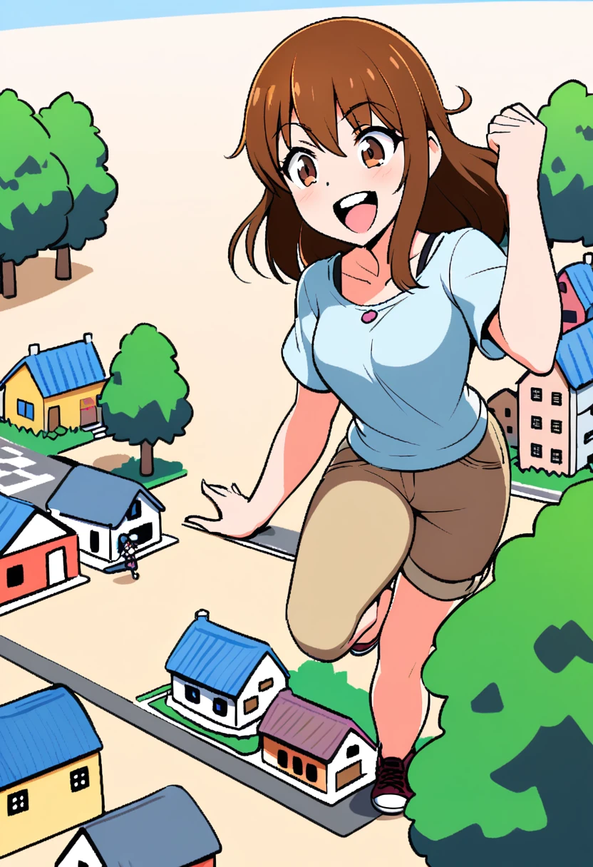 young giantess, one foot up, laughing, long brown hair and brown eyes, casual clothes, standing in a town, there are small  houses around her, shes crushing the small houses, she having fun