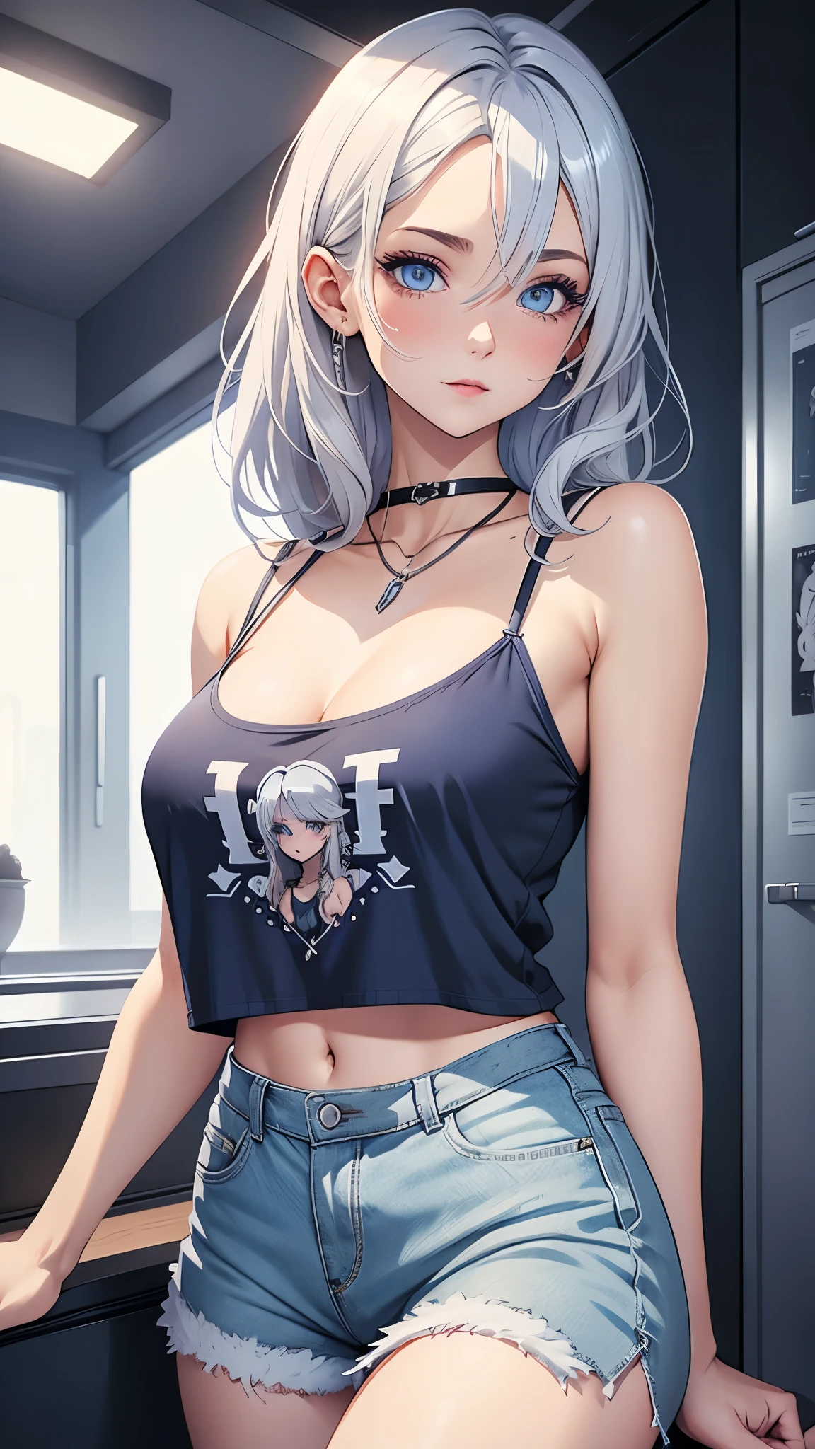  female，silver hair，blue eyes，short camisole，crop shirt，Off shoulders，white，Art， anime，illustration