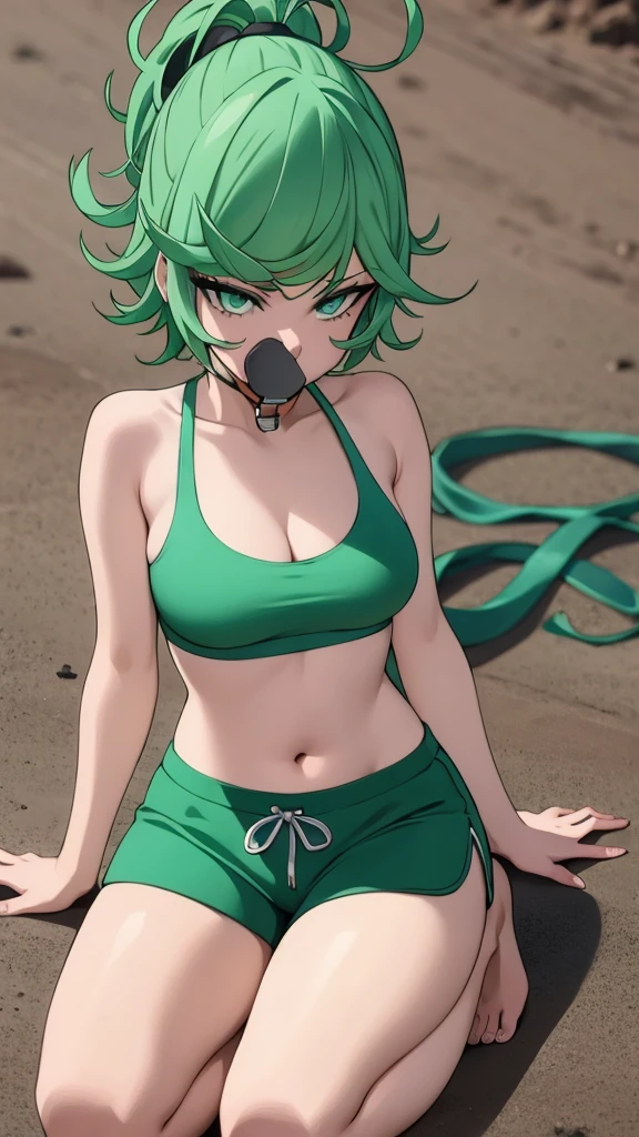 green hair,green eyes,crawl,kneel,(leash) in tight green dolphin shorts and a green sports bra