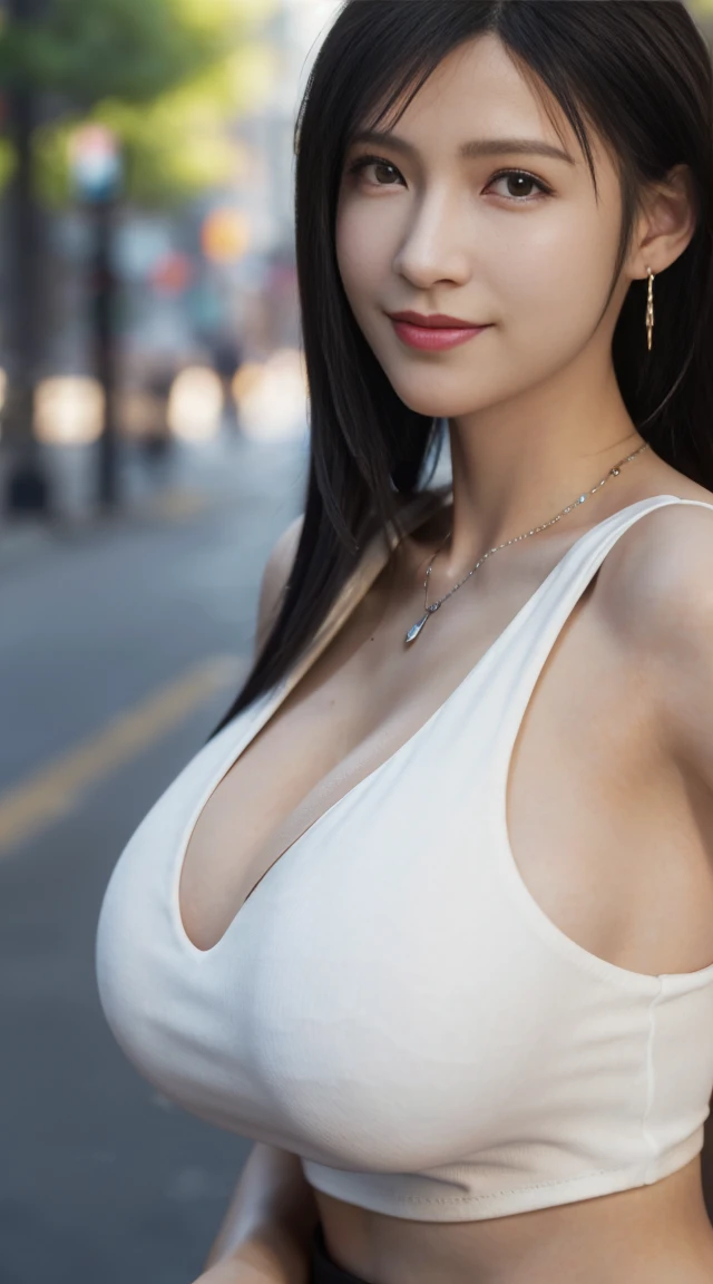 8K,Ultra high quality,masterpiece, best quality, Movie stills, 1 plump girl, street, low cut transparent dress, huge ,huge ,Big breasts,low cut, Close-up cleavage, bright, Cheerful, Warm and soft lighting, (crap: 0.7) phi,(low cutT恤:1.3),wear earrings,Overmuch, open chest,Smile, necklace,huge breasts, Tifa,Cleavage,Low-cut,Huge breasts