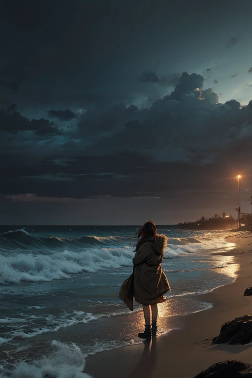 (work of art, best qualityer: 1.2), ultra detaild, cinematic lighting, hdr, illustration, paisaje, 1 girl, (subdued colors), post-apocalyptic beach, the night, desolate atmosphere,  sentada na areia, covered vegetation, (cloudy sky), waves breaking on the shore, (melancholic but hopeful), quiet moment of rest, (detailed textures), Windswept Hair, cloudy at night