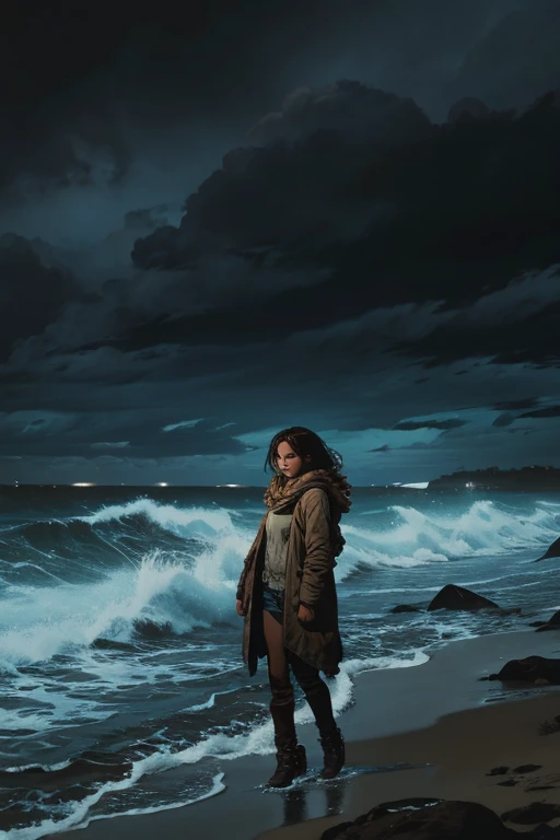 (work of art, best qualityer: 1.2), ultra detaild, cinematic lighting, hdr, illustration, paisaje, 1 girl, (subdued colors), post-apocalyptic beach, the night, desolate atmosphere,  sentada na areia, covered vegetation, (cloudy sky), waves breaking on the shore, (melancholic but hopeful), quiet moment of rest, (detailed textures), Windswept Hair, cloudy at night