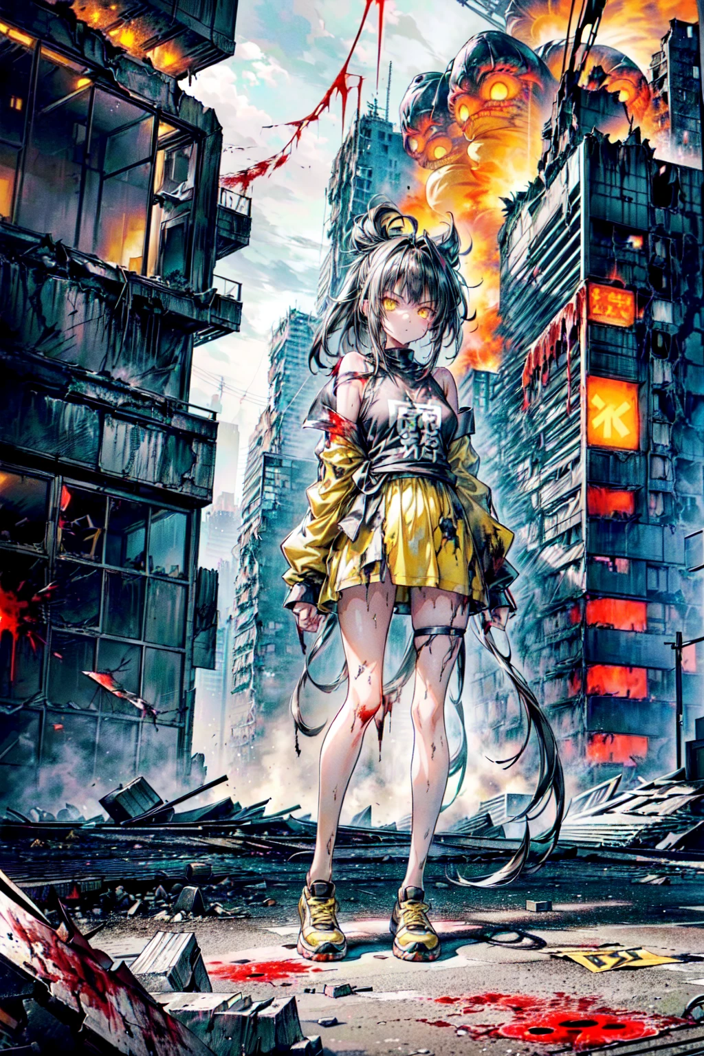 ((1 GIRL)) ((2d anime girl)), ((Japanese)) 18-year-old, ((2d anime girl)), ((dark-haired)), ((windswept hair)) ((ultra high quality)) ((4k UHD)) ((Best Quality)) ((Daytime)) ((yellow glowing eyes)), wearing a ((black long sleeve shoulderless T-shirt)) sweatshirt with the slogan (("Kaiju")) in white letters, wearing jeans and black and yellow sneakers with (((blood splattered))) on it and her face, standing in the street of a ((ruined city)) filled with ((heavily damaged)) and dilapidated (( tall skyscrapers with holes in them on fire)) and ((crushed vehicles on fire)) and small and ((raging fires all around)) and an ((angry)) ((Intimidating)) expression, standing on a giant monstrous footprint in the ground.