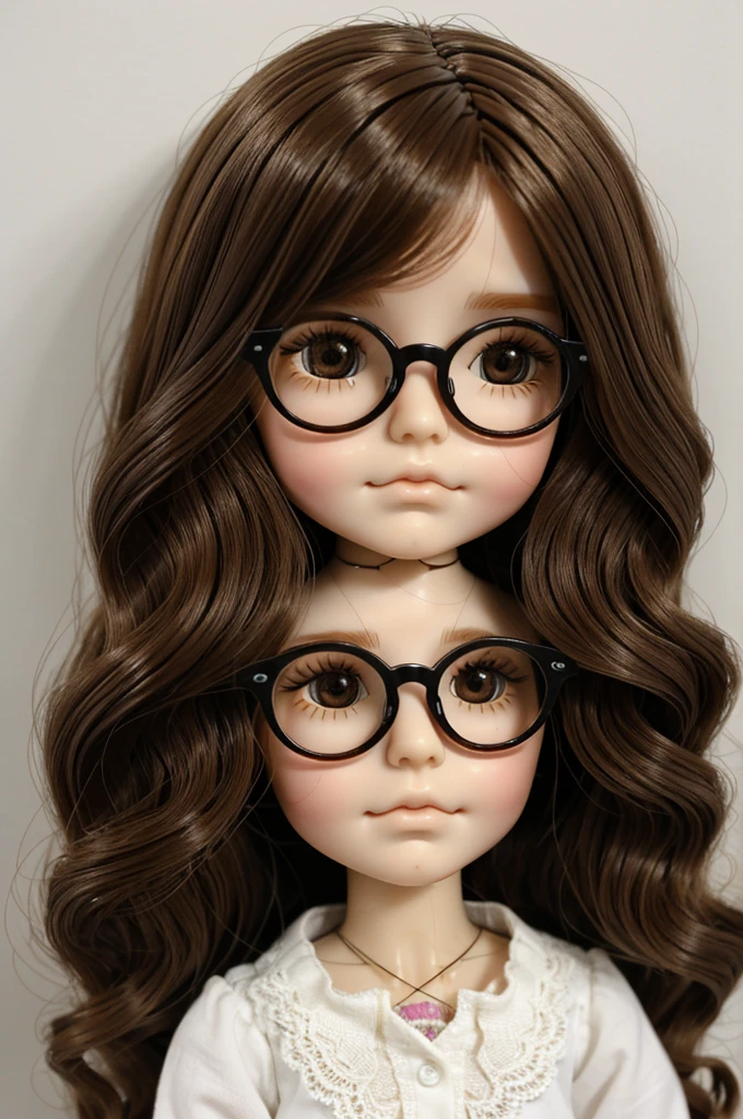 BLYTHE DOLL in white skin, wavy brown hair that reaches below the shoulders , eyes not so big, with glasses , cheek and a dimple