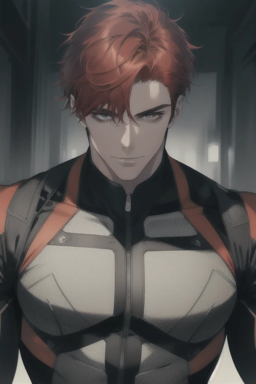 1 man, male focus, tall muscular, handsome, extremely detailed face, short hair, smile, suit, portrait, realistic, (best quality, 4k, 8k, highres, masterpiece:1.2), (ultra-detailed:1.3), red hair, [thick eyebrows:0.5]