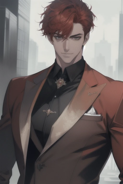 1 man, male focus, tall muscular, handsome, extremely detailed face, short hair, smile, suit, portrait, realistic, (best quality, 4k, 8k, highres, masterpiece:1.2), (ultra-detailed:1.3), red hair, [thick eyebrows:0.5]