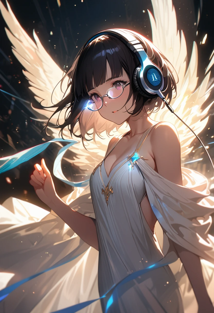 (extremely detailed fine touch:1.3), 2D, (super very short hair:1.3), blunt bangs, (((underrim glasses:1.3))), (headphones:1.3), A divine female angel in a white flowing gown in heaven, Glow-effect, Slow Motion, Particle