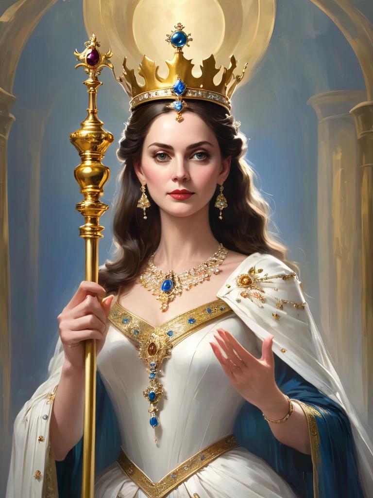 A painting,Queen,Golden crown,Holding a scepter,