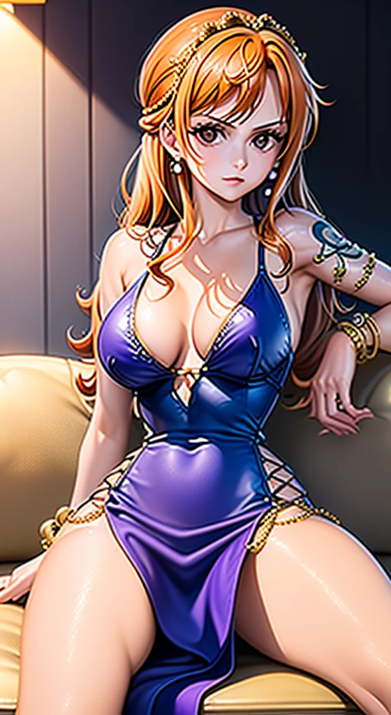 (masterpiece), best quality, (HD), (8k), 4k, HD, FULL HD,(((1milf:1.0))), extremely detailed, HDR, perfect face, nami (one piece), long hair, orange hair, (hair ornament:1.1), brown eyes, (jewelry:1.1), earrings, bare shoulders, shoulder tattoo, cleavage, sleeveless, bracelet, pelvic curtain, side slit, purple dress, big breasts, she is sitting on the leather couch hugging her legs