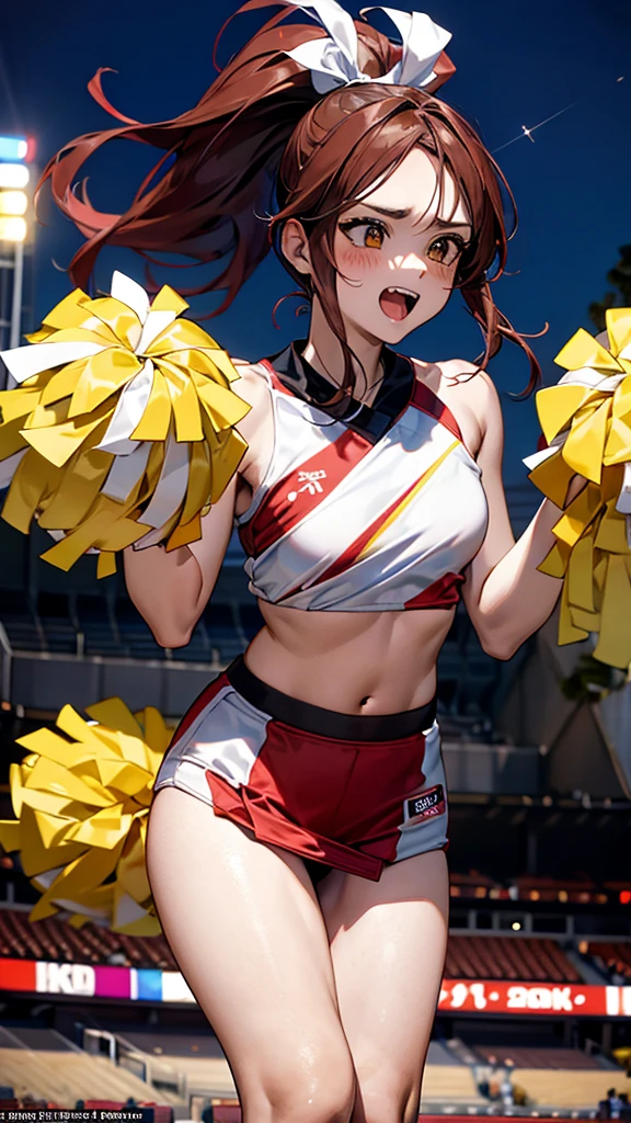 Red,black,group shot:1.7,baseball stadium,Panty drop:1.5,Clothing with tiger printed on it,tubetops,ponytail,cheerleader, stadium, team spirit, pom-poms, enthusiastic, energetic, crowd, uniform, sports event, cheering, colorful, dynamic pose, happy, vibrant, teamwork, celebration, night game, lights, action